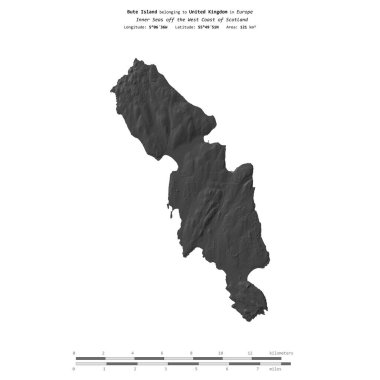 İskoçya 'nın batı kıyısındaki İç Denizler' deki Bute Adası. Birleşik Krallık 'a ait. Bir bilek yüksekliği haritasında izole edilmiş.