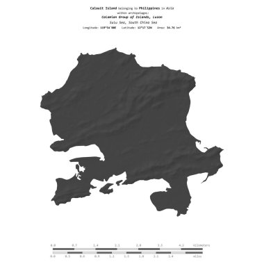 Filipinler 'e ait Sulu Denizi' ndeki Calauit Adası, uzaklık ölçeğinde bir bilek yüksekliği haritasında izole edilmiştir.