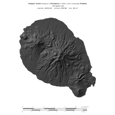 Filipin Denizi 'ndeki Camiguin Adası, uzaklık ölçeğinde, bir bilek yüksekliği haritasında izole edilmiştir.