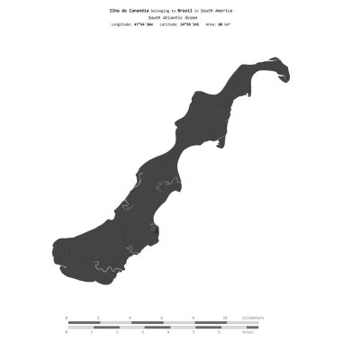 Brezilya 'ya ait Güney Atlantik Okyanusu' ndaki Ilha de Cananeia, bir bilek yüksekliği haritasında izole edilmiş, mesafe ölçeğinde.