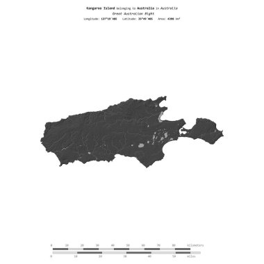 Avustralya 'ya ait Büyük Avustralya Körfezi' ndeki Kanguru Adası, bir bilek yüksekliği haritasında izole edilmiş, mesafe ölçeğinde.