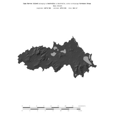 Avustralya 'ya ait Bass Boğazı' ndaki Cape Barren Adası, bir bilek yüksekliği haritasında izole edilmiş, mesafe ölçeğinde.