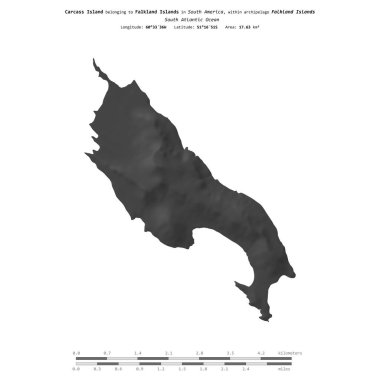 Carcass Island in the South Atlantic Ocean, belonging to Falkland Islands, isolated on a bilevel elevation map, with distance scale clipart