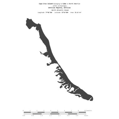 Cayo Cruz Island in the North Atlantic Ocean, belonging to Cuba, isolated on a bilevel elevation map, with distance scale clipart