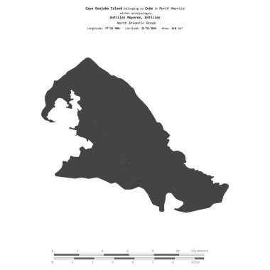 Cayo Guajaba Island in the North Atlantic Ocean, belonging to Cuba, isolated on a bilevel elevation map, with distance scale clipart