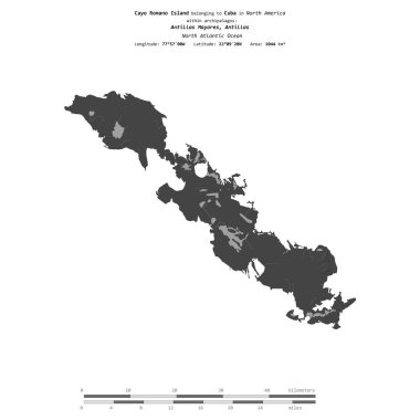 Kuzey Atlantik Okyanusu 'ndaki Cayo Romano Adası, Küba' ya ait, bir bilek yüksekliği haritasında izole edilmiş, mesafe ölçeğinde.