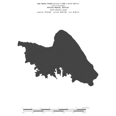 Kuzey Atlantik Okyanusu 'ndaki Cayo Saetia Adası, Küba' ya ait, bir bilek yüksekliği haritasında izole edilmiş, mesafe ölçeğinde.