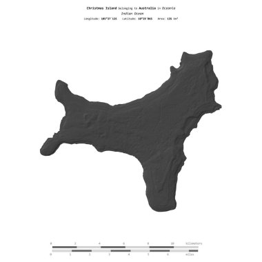 Hint Okyanusu 'ndaki Noel Adası, Avustralya' ya ait, bir bilek yüksekliği haritasında izole edilmiş, mesafe ölçeğinde.