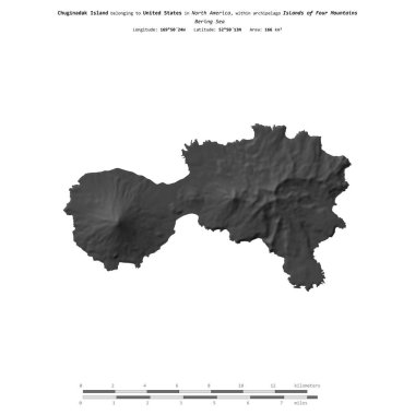 Birleşik Devletlere ait Bering Denizi 'ndeki Chuginadak Adası, bir bileklik yükseklik haritasında izole edilmiş, mesafe ölçeğinde.