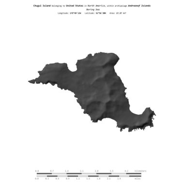 Bering Denizi 'ndeki Chugul Adası, Birleşik Devletlere ait, bir bileklik yükseklik haritasında izole edilmiş, mesafe ölçeğinde.