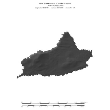 Kuzey Atlantik Okyanusu 'ndaki Clare Adası, İrlanda' ya ait, bir bilek yüksekliği haritasında izole edilmiş, mesafe ölçeğinde.