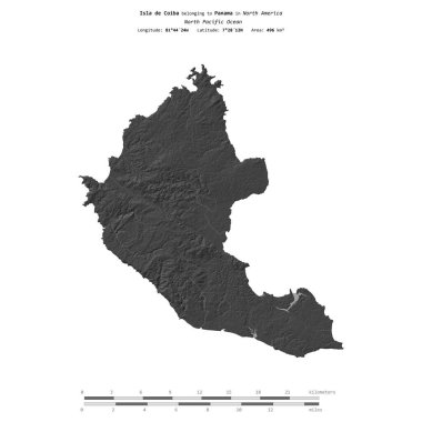 Isla de Coiba in the North Pacific Ocean, belonging to Panama, isolated on a bilevel elevation map, with distance scale clipart