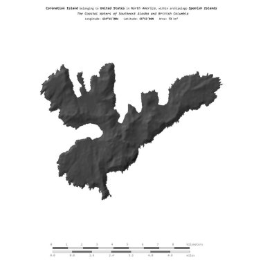 Güneydoğu Alaska ve Britanya Kolumbiyası 'nın Sahil Suları' ndaki taç giyme adası, Birleşik Devletlere ait, bir bilek yüksekliği haritasında izole edilmiş, mesafe ölçeğinde.