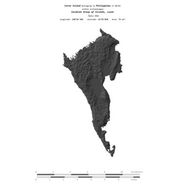 Filipinler 'e ait Sulu Denizi' ndeki Coron Adası, bir bilek yüksekliği haritasında izole edilmiş, mesafe ölçeğinde.