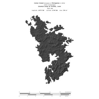 Filipinler 'e ait Sulu Denizi' ndeki Culion Adası, uzaklık ölçeğinde, bir bilek yüksekliği haritasında izole edilmiştir.