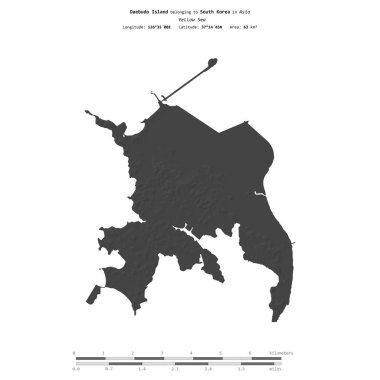 Sarı Deniz 'deki Daebudo Adası, Güney Kore' ye ait, bir bilek yüksekliği haritasında izole edilmiş, mesafe ölçeğinde.