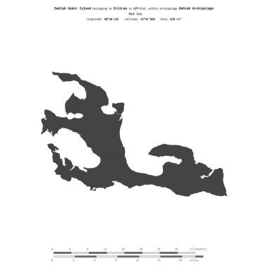 Eritre 'ye ait Kızıl Deniz' deki Dahlak Kebir Adası, bir bilek yüksekliği haritasında izole edilmiş, mesafe ölçeğinde.