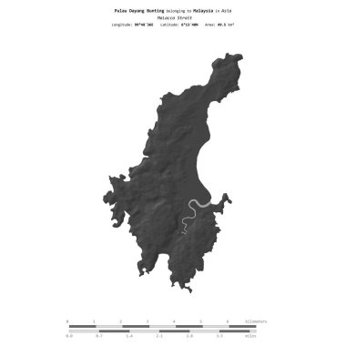 Pulau Dayang Bunting in the Malacca Strait, belonging to Malaysia, isolated on a bilevel elevation map, with distance scale clipart