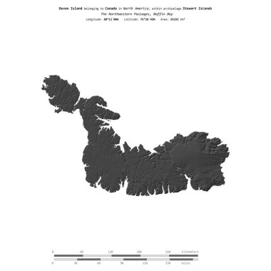 Devon Island in the Baffin Bay, belonging to Canada, isolated on a bilevel elevation map, with distance scale clipart