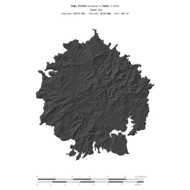 Japonya 'ya ait Japonya Denizi' ndeki Dogo Adası, bir bilek yüksekliği haritasında izole edilmiş, mesafe ölçeğinde.