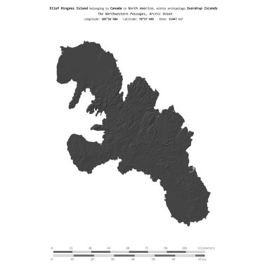 Ellef Ringnes Island in the Arctic Ocean, belonging to Canada, isolated on a bilevel elevation map, with distance scale clipart