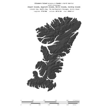 Kanada 'ya ait Baffin Körfezi' ndeki Ellesmere Adası, bir bilek yüksekliği haritasında izole edilmiş, mesafe ölçeğinde.