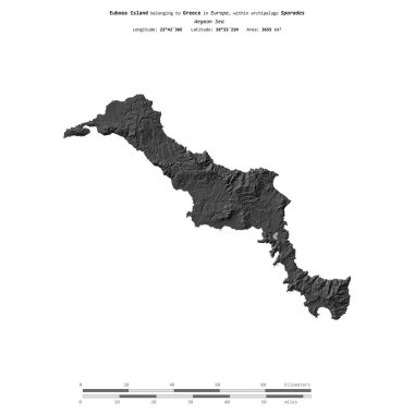 Yunanistan 'a ait Ege Denizi' ndeki Euboea Adası, uzaklık ölçeğinde bir bilek yüksekliği haritasında izole edilmiştir.