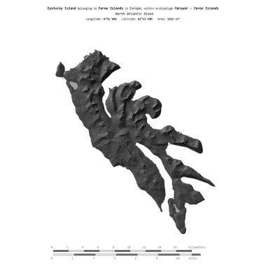 Kuzey Atlantik Okyanusu 'ndaki Eysturoy Adası, Faroe Adalarına ait, bir bilek yüksekliği haritasında izole edilmiş, mesafe ölçeğinde.