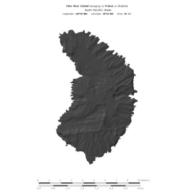 Fatu Hiva Island in the South Pacific Ocean, belonging to France, isolated on a bilevel elevation map, with distance scale clipart