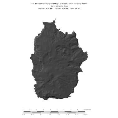 Portekiz 'e ait Kuzey Atlantik Okyanusu' ndaki Flores Adası, bir bilek yüksekliği haritasında izole edilmiş, mesafe ölçeğinde.