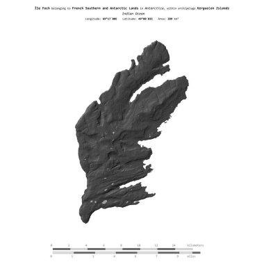 Ile Foch in the Indian Ocean, belonging to French Southern and Antarctic Lands, isolated on a bilevel elevation map, with distance scale clipart