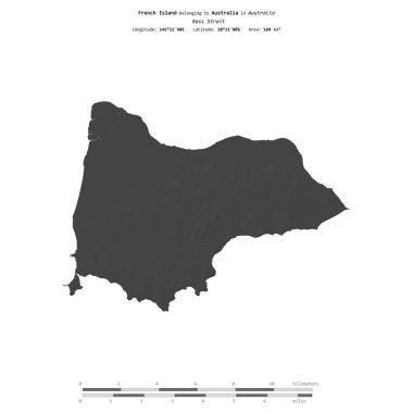 Avustralya 'ya ait Bass Boğazı' ndaki Fransız Adası, bir bilek yüksekliği haritasında izole edilmiş, mesafe ölçeğinde.