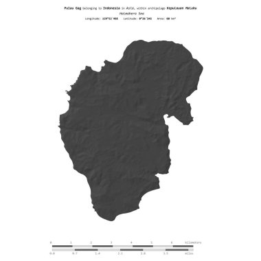 Pulau Gag in the Halmahera Sea, belonging to Indonesia, isolated on a bilevel elevation map, with distance scale clipart