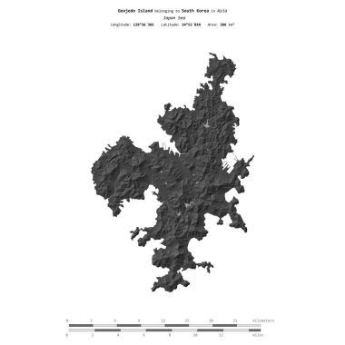 Geojedo Island in the Japan Sea, belonging to South Korea, isolated on a bilevel elevation map, with distance scale clipart