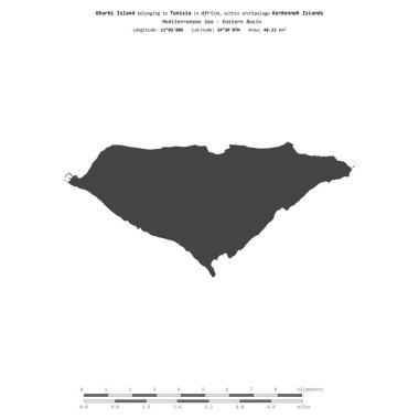 Akdeniz 'deki Gharbi Adası - Tunus' a ait Doğu Havzası, bir bilek yüksekliği haritasında izole edilmiş, mesafe ölçeğinde