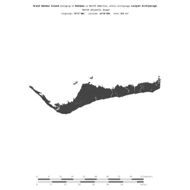Bahamalar 'a ait Kuzey Atlantik Okyanusu' ndaki Büyük Bahama Adası, bir bilek yüksekliği haritasında izole edilmiş, mesafe ölçeğinde.