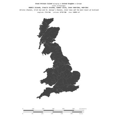 Kuzey Denizi 'ndeki Büyük Britanya Adası, Birleşik Krallık' a ait, bir bilek yüksekliği haritasında izole edilmiş, mesafe ölçeğinde.