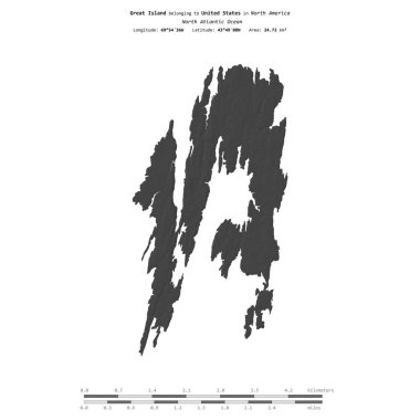 Amerika Birleşik Devletleri 'ne ait Kuzey Atlantik Okyanusu' ndaki Büyük Ada, bir bileklik yükseklik haritasında izole edilmiş, mesafe ölçeğinde.
