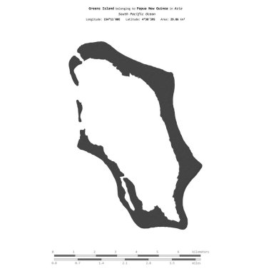 Güney Pasifik Okyanusu 'ndaki Yeşiller Adası, Papua Yeni Gine' ye ait, bir bilek yüksekliği haritasında izole edilmiş, mesafe ölçeğinde.