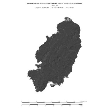 Guimaras Island in the Sulu Sea, belonging to Philippines, isolated on a bilevel elevation map, with distance scale clipart