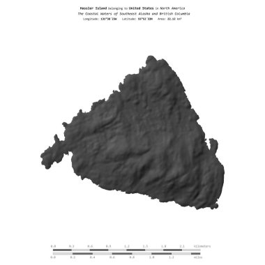 Güneydoğu Alaska ve Britanya Kolumbiyası 'nın Sahil Suları' ndaki Hassler Adası, ABD 'ye ait, bir bilek yüksekliği haritasında izole edilmiş, mesafe ölçeğinde.