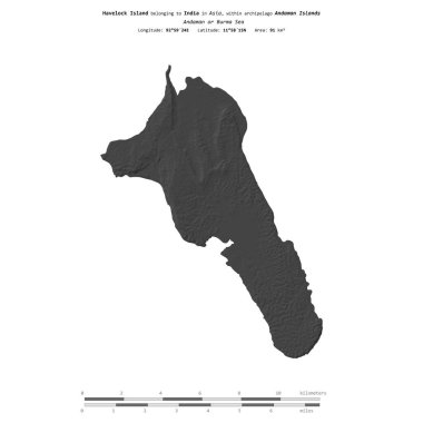 Havelock Island in the Andaman or Burma Sea, belonging to India, isolated on a bilevel elevation map, with distance scale clipart