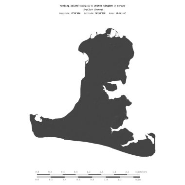 İngiliz Kanalı 'ndaki Hayling Adası, Birleşik Krallık' a ait, bir bileklik yükseklik haritasında izole edilmiş, mesafe ölçeğinde.