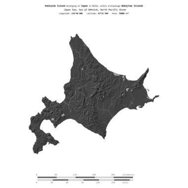 Japonya Denizi 'ndeki Hokkaido Adası, bir bileklik yükseklik haritasında izole edilmiş, mesafe ölçeğinde.