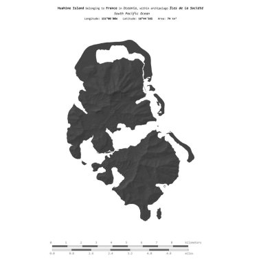 Huahine Island in the South Pacific Ocean, belonging to France, isolated on a bilevel elevation map, with distance scale clipart