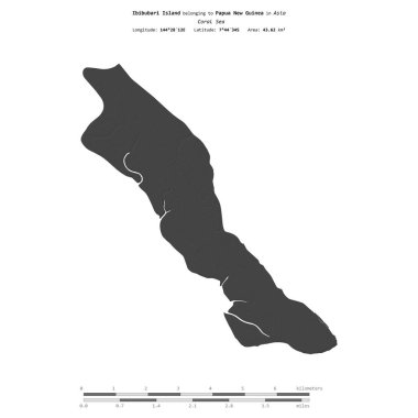 Mercan Denizi 'ndeki Ibibubari Adası, Papua Yeni Gine' ye ait, bir bilek yüksekliği haritasında izole edilmiş, mesafe ölçeğinde.