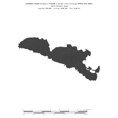 Inishmore Island in the North Atlantic Ocean, belonging to Ireland, isolated on a bilevel elevation map, with distance scale clipart