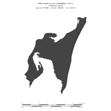 Mozambik Kanalı 'ndaki Inhaca Adası, Mozambik' e ait, bir bilek yüksekliği haritasında izole edilmiş, mesafe ölçeğinde.
