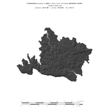 Doğu Çin Denizi 'ndeki Iriomotejima, Japonya' ya ait, bir bilek yüksekliği haritasında izole edilmiş, mesafe ölçeğinde.