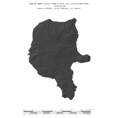 İtalya 'ya ait Tyrhenian Denizi' ndeki Isola di Lipari, bir bilek yüksekliği haritasında izole edilmiş, mesafe ölçeğinde.